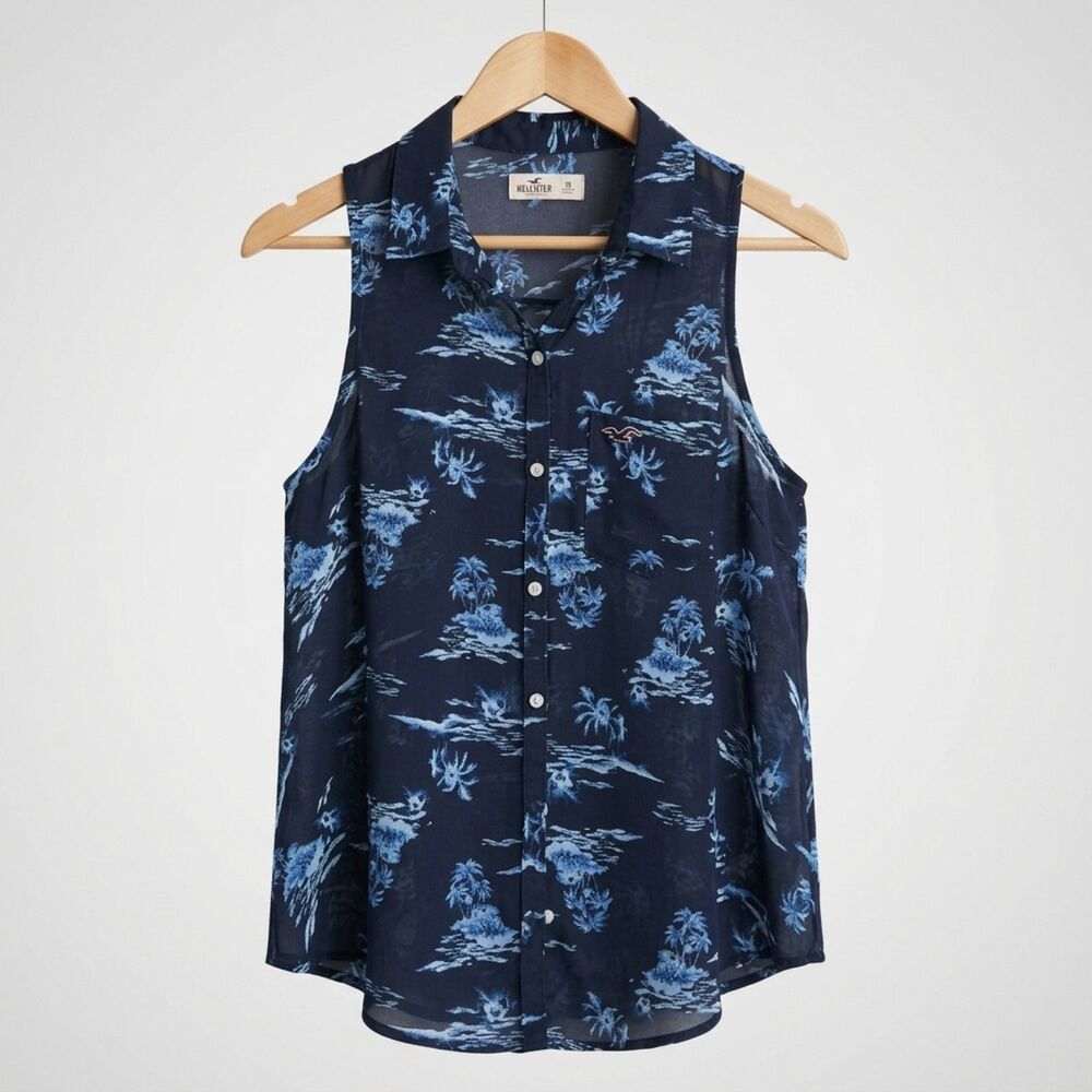 Hollister Blue Tropical Sheer Top M Longline Button Up Sleeveless Palm Trees
